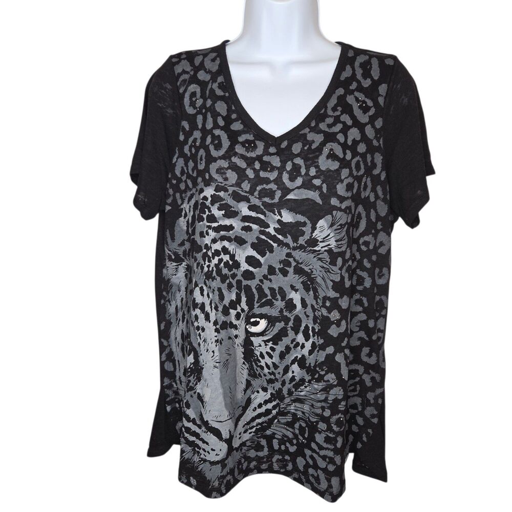 DG2 Diane Gilman Medium V-Neck Leopard Big Cat Rhinestone Graphic Burnout Top